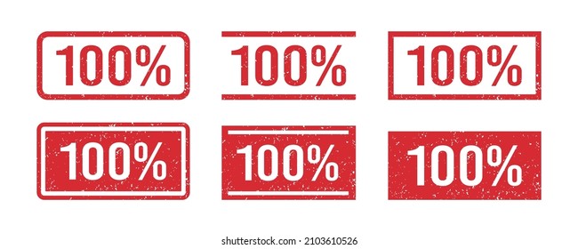 Grunge red 100 percent rubber stamp. One hundred percent seal sign. Stickers set. Grunge vintage square label. Vector illustration isolated on white background.