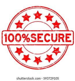 Grunge red 100 percent secure with star icon round rubber stamp