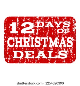 Grunge red 12 DAYS OF CHRISTMAS stamp seal. Vector 12 DAYS OF CHRISTMAS rubber watermark with distress surface. Isolated red colored watermark on a white background.