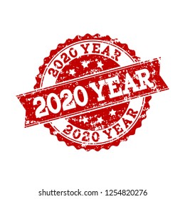 Grunge red 2020 YEAR stamp seal. Vector 2020 YEAR rubber seal with dirty surface. Isolated red colored watermark on a white background.