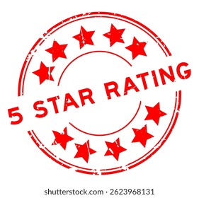 Grunge vermelho 5 estrelas palavra com ícone de estrela redondo selo de borracha selo no fundo branco