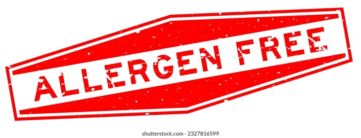 Grunge red allergen free word hexagon rubber seal stamp on white background