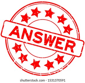 Grunge red answer word with star icon round rubber seal stamp on white background