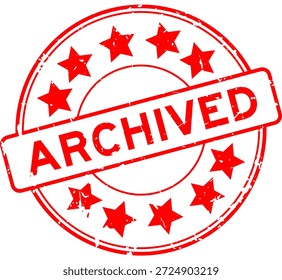 Grunge red archived word with star icon round rubber seal stamp on white background