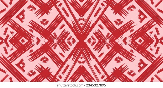 Grunge red background texture symmetrical, geometric, carpet, ikat. Abstract vector background