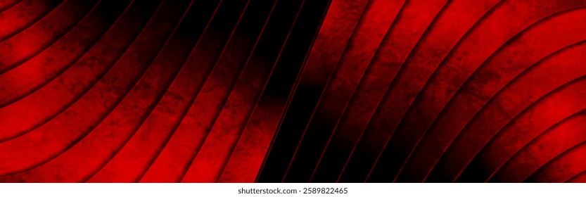 Grunge red and black curved striped abstract geometric background. High contrast tech vintage vector banner design