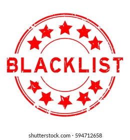 Grunge red blacklist with star icon round rubber stamp