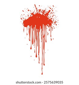 Grunge red blood splatter in flat design. Bleeding blot with flowing drips. Vector illustration isolated.