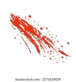 Grunge red blood splatter in flat design. Splashing paintbrush spot with drips. Vector illustration isolated.