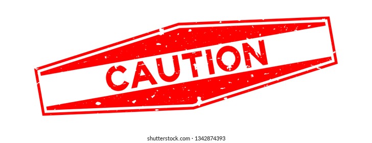 Grunge red caution word hexagon rubber seal stamp on white background