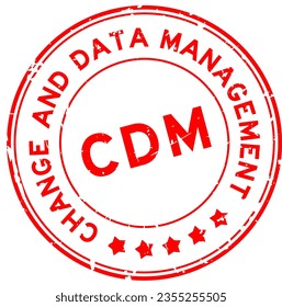 Grunge red CDM change and data management word round rubber seal stamp on white background