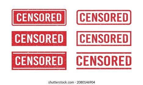 Grunge red censored word rubber stamp. Censor control security sign sticker set. Grunge vintage square label. Vector illustration on white background.