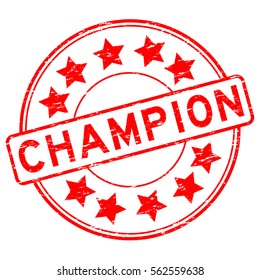 Grunge red champion with star icon round rubber stamp on white background