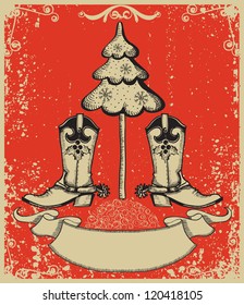 Grunge red christmas card with cowboy boots and fir-tree on old paper