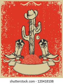 Grunge red christmas card with cowboy boots and cactus on old paper