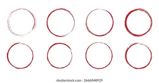 Grunge rote Kreise Pinsel-Set. Grunge runde Formen. Textur Strich roten Kreis Hintergrund. Abstrakter Fleckengrunge-Stil. Vektorgrafik