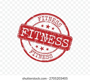 Grunge red circular rubber stamp with bold Fitness text and stars isolated on transparent background