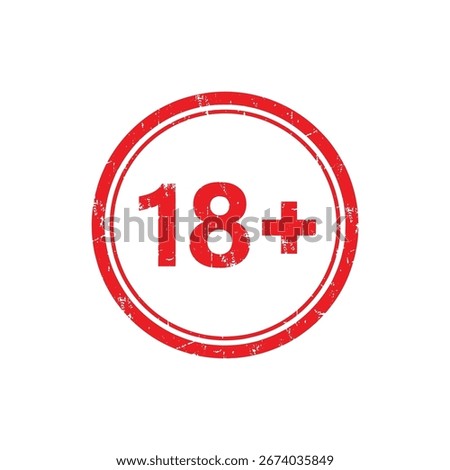 Grunge red circular rubber stamp with '18+' text inside. An age restriction and adult content warning symbol or icon, vector illustration.
