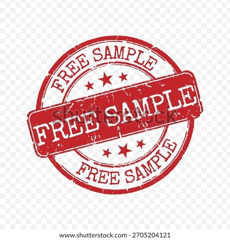 Grunge red circular rubber stamp with Free Sample text and three stars isolated on transparent background