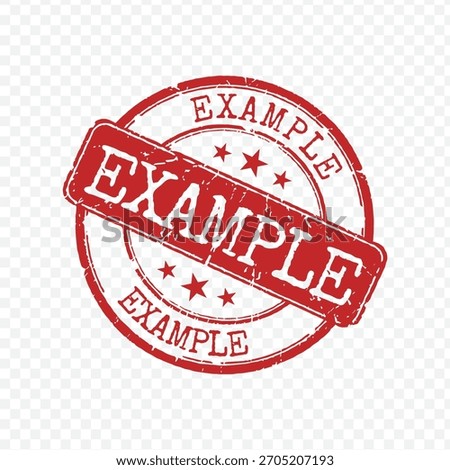 Grunge red circular rubber stamp with bold Example text and stars isolated on transparent background