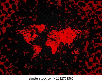 Grunge red color world map with cracks and scuffs, design flat style vector illustration, isolated on white. Map on black old texture background