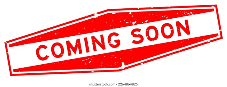 Grunge red coming soon word hexagon rubber seal stamp on white background