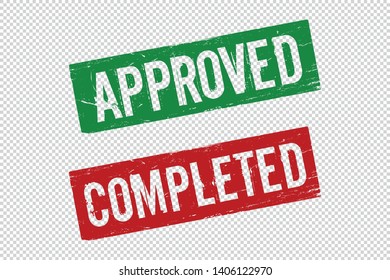 Grunge red completed and approved square rubber seal stamp on transparent  background. Retro Icon for design documentions. Vector illustration