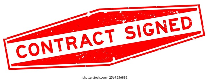 Grunge red contract signed word hexagon seal stamp on white background