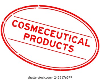 Grunge red cosmeceutical products word oval rubber stamp in white background