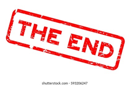 Grunge red the end square rubber seal stamp on white background