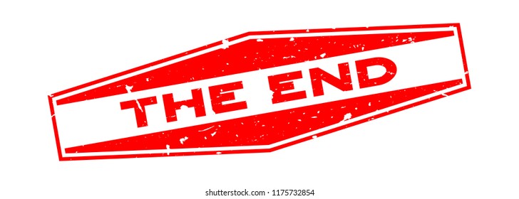 Grunge red the end word hexagon rubber seal stamp on white background