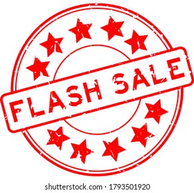 Grunge red flash sale word with star icon round rubber seal stamp on white background