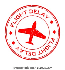 Grunge Red Flight Delay Word With Airplane Icon Round Rubber Seal Stamp On White Background