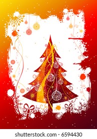 Grunge red frame with Christmas tree, vector illustration