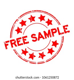 Grunge red free sample with star icon round rubber seal stamp on white background