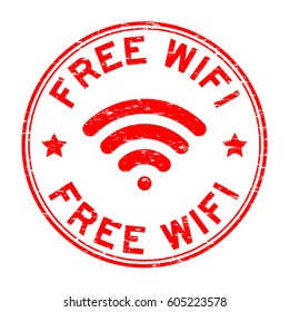 Grunge red free wifi with signal icon round rubber seal stamp