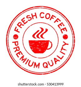 Grunge red fresh coffee premium quality and cup icon rubber stamp
