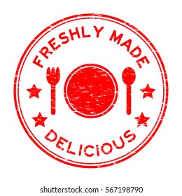 Grunge red freshly made delicious with plate, spoon, fork icon round rubber stamp