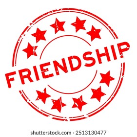 Grunge red friendship word with star icon round rubber seal stamp on white background