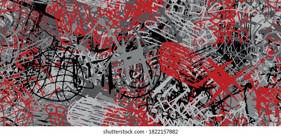 Grunge is red and grey. Abstract seamless background. The texture is repetitive. Template for printing on fabric, paper, wrapper. A chaotic backdrop of graffiti