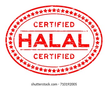 Grunge red halal certified oval rubber seal stamp on white background