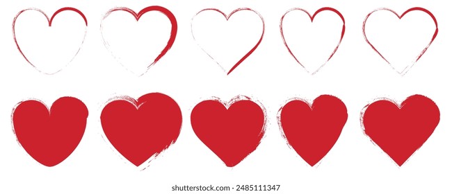 Grunge red heart icons vector set. Hand drawn Hearts shapes collection.