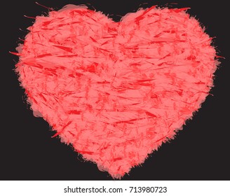 Grunge red heart vector, feather like brush strokes, black background