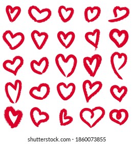 Grunge red hearts.  Elegant love hearts, hearted shape stamp isolated vector set.