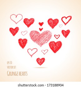 Grunge red hearts on white background. Vector set. Can be use for Valentines day card. Valentine day doodle textured background.