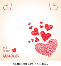 Grunge red hearts on white background. Vector set. Can be use for Valentines day card. Valentine day doodle textured background.