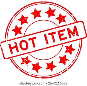 Grunge red hot item word with star icon round rubber seal stamp on white background
