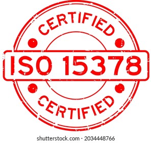 Grunge red ISO 15378 certified word round rubber seal stamp on white background