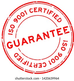 Grunge red iso 9001 certified guarantee word round rubber seal stamp on white background