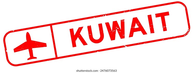 Grunge red kuwait word with plane icon square rubber seal stamp on white background